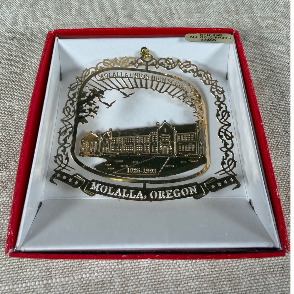 Vintage Molalla Union High School Oregon 24K Gold Finish Brass Ornament